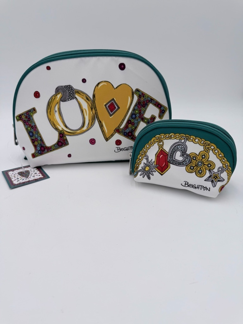 Brighton Charmed Love Cosmetic Bag Set 2pc NWT White Teal Jewelry Print Pouches